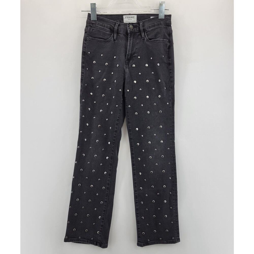Frame Denim Le High Straight Jeans Womens 26 Black Studded Silverstone Wash Goth